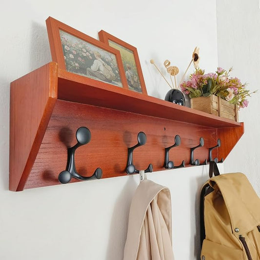 SKOLOO Wall Shelf with Hooks, 35-Inch Cherry Coat Rack Wall Mount with Shelf Organizer - Lightweight & Sturdy​​, 5 Tri Hooks - Perfect for Entryway, Hallway, Living Room, Bedroom, Mudroom by SKOLOO