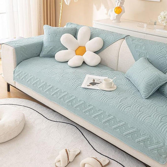 vctops Solid Color Cotton Quilted Sofa Couch Cover Weave Pattern Soft Sectional Couch Covers Embroidery Non-Slip Sofa Slipcover for Dogs, Children, Pets Furniture Protector (Blue,28"x47") by vctops