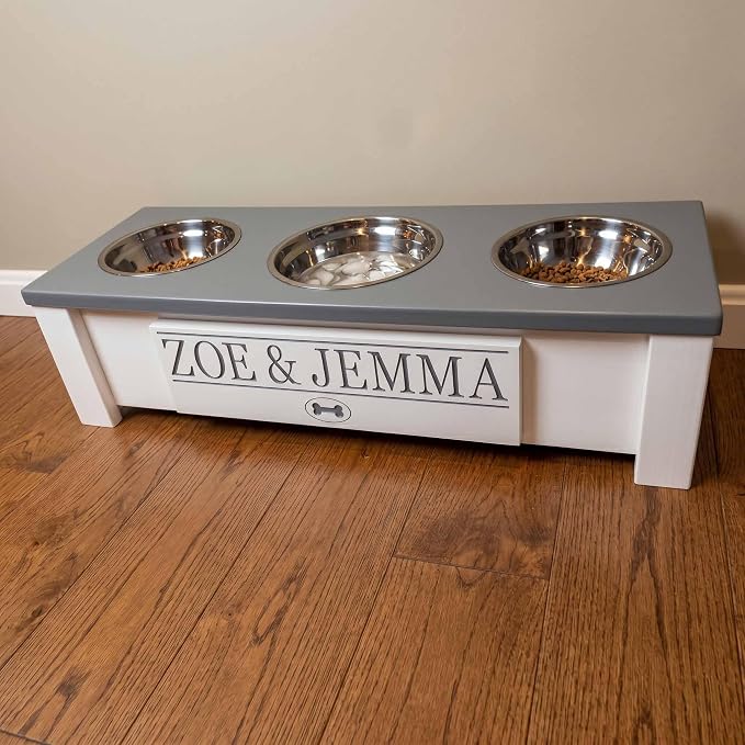 3 Bowl Dog Feeding Station, Personalized Triple Bowl Food Stand Small Dogs | Farmhouse Style, Elevated Wood Stand, Storage Container, Stainless Steel Bowls, Raised Feeder, Small Breed, Made in USA - Image 4