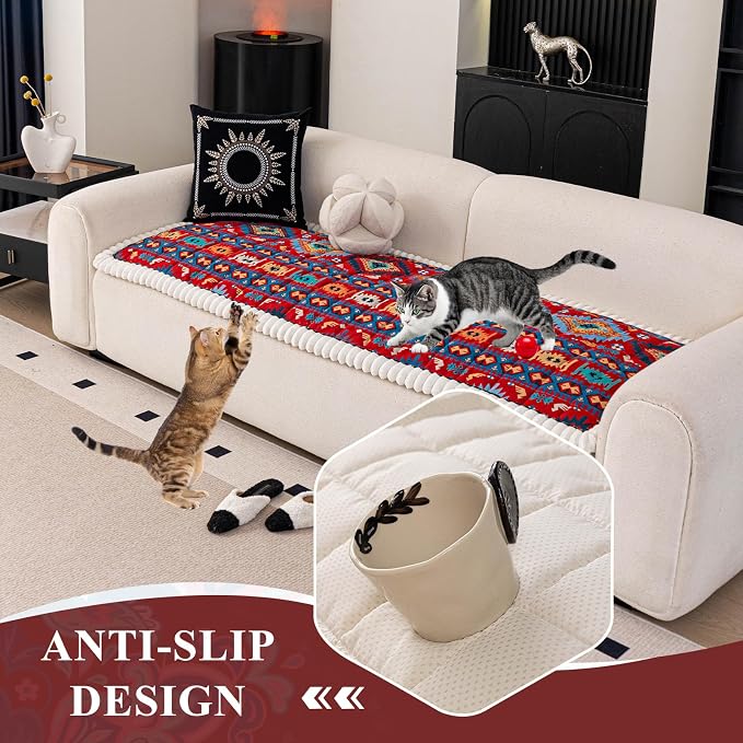 STACYPIK Retro Geometric Couch Cover for Dogs Non Slip Pet-Scratch Resistant Sofa Covers for 2 Cushion Couch, Thickened Fuzzy Loveseat Protector for Sectional, Boho Sofa Slipcover for Pets-27.6X59.1IN - Image 5