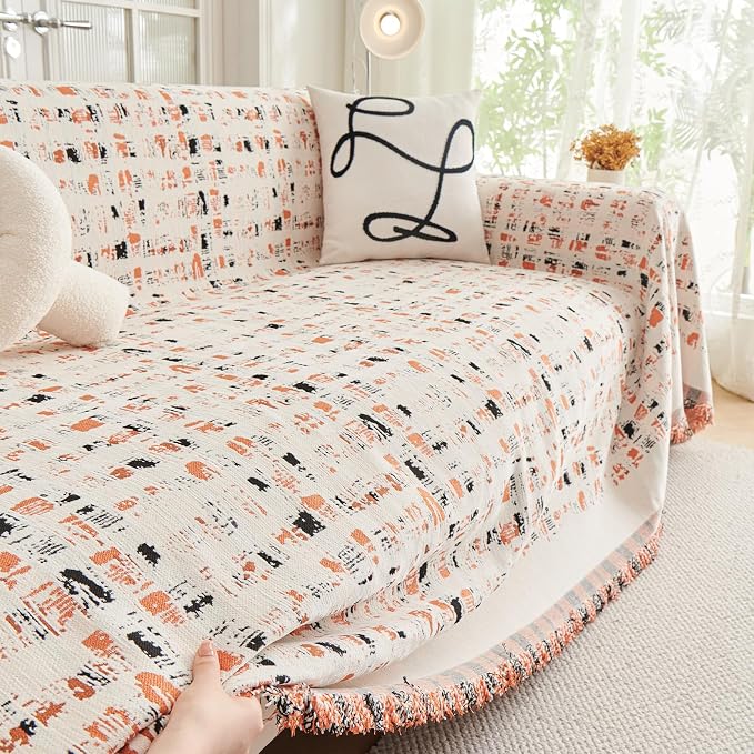 DREAMINGO Abstract Chenille Couch Cover Blanket Beige Orange Black Boho Sofa Cover, Washable Furniture Protector, Universal Slipcover for Couch, Geometric Brushstroke Jacquard, Large 71"x118" - Image 2