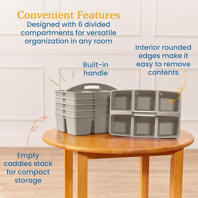 ECR4Kids 6-Compartment Large Plastic Caddy, Multipurpose Organization, Grey, 6-Pack - Image 5