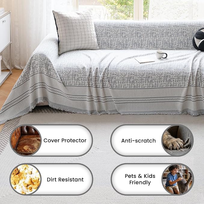 Waterproof Sofa Cover for Sectional Sofa, Boho Washable Couch Cover for 3-4 Cushion, L-Shape, Dogs Thick Chenille Pet Friendly Multi-Functional Furniture Protector with Tassels, 71"X150", Grey - Image 6