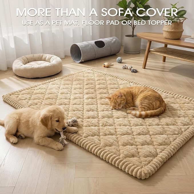 Non-Slip Washable Couch Cover for Dogs, Thick Plush Grid Flannel | 27.6"x82.7", Taupe, 0.8" Thick, Rubber Dot Backing, Pet-Friendly Protector for Sofa, Floor, Window Bench, Car Seat or Camping - Image 7