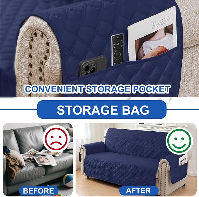 Waterproof Couch Cover for Pets, Sofa Covers for 3 Cushion Couch Washable, Non Slip Couch Covers for Dogs with Side Pockets Elastic Straps, Quilted Couch Covers for Sofa (Sofa, Navy Blue) - Image 5