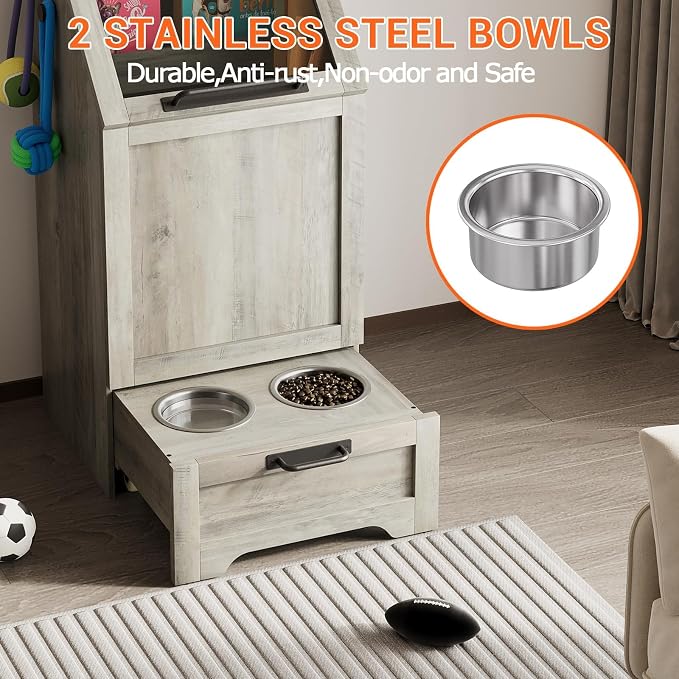 Dog Feeding Station, with Pet Feeding Station,Flip Top Dog Food Storage Cabinet, 2 Elevated Bowls, Includes 3 Hooks for Accessories – Space-Saving Design, Grey - Image 3
