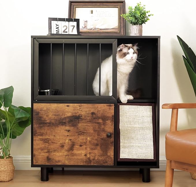 Dog-Proof Wood Cat Feeding Station with Lockable Storage & 2 Removable Stainless Steel Bowls - Anti-Spill Cat Condo with Scratching Board for Indoor Multi-Pet Homes - Image 3