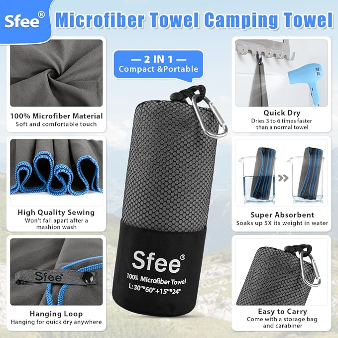Sfee 2 Pack Microfiber Travel Towel, Quick Dry Camping Towel Large Beach Towel Super Absorbent Compact Lightweight Sports Gym Towels for Yoga, Gym, Hiking, Pool, Backpacking, Bath - Image 2