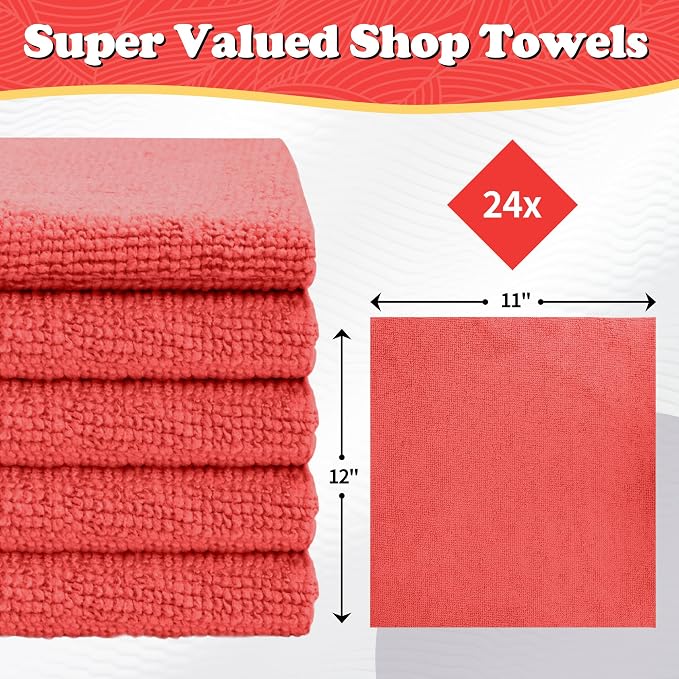 FIXSMITH Microfiber Cleaning Cloth, Shop Towels Bulk, 24 Pack Red Microfiber Towels for Cars, All-Purpose Absorbent Cleaning Rags, Dust Cloth for Automotive, Mechanic, Garage, Bar, 12 x 11 inch - Image 2
