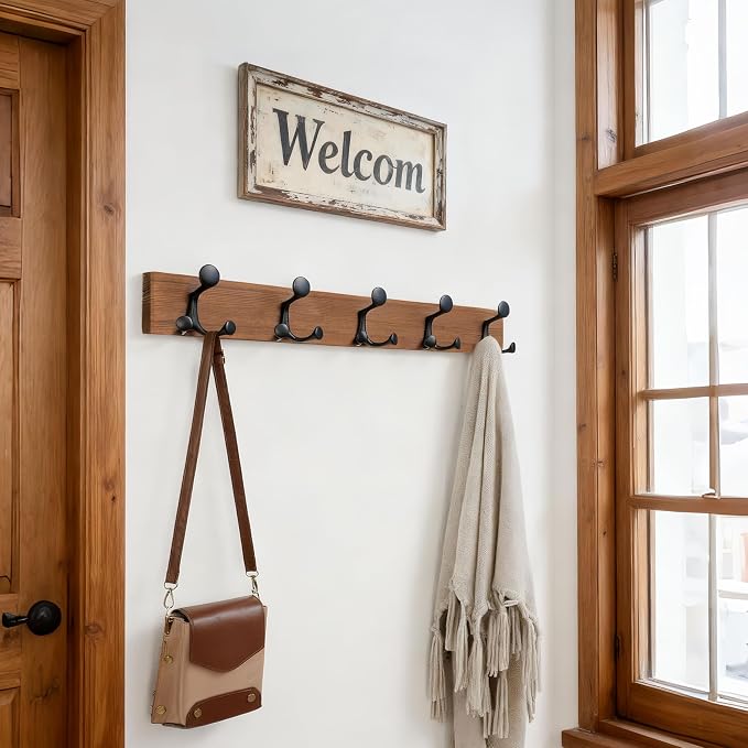 SKOLOO 30-Inch Wood Coat Rack Wall Mount with 5 Triple Hooks - Ideal for Family Entrances, Classrooms, and Pet Supplies Storage - Perfect Coat Hooks for Wall,Charred Golden Brown - Image 2