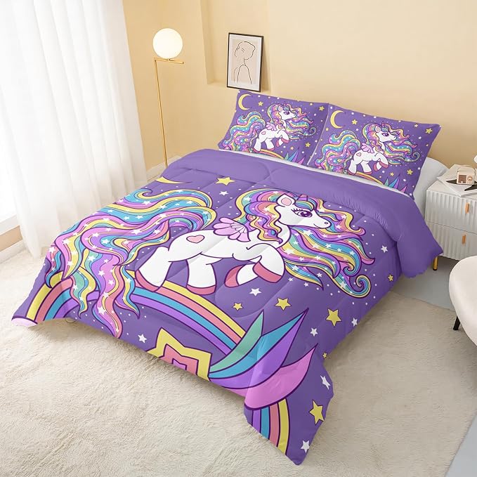 QOOMO Unicorn Comforter Twin Size,Rainbow Unicorn Comforter Set for Kids Teens Girls,3Pcs Bedding Set Printed Comforter with 2 Pillowcases,Down Alternative,Soft and Lightweight，Twin Size - Image 3