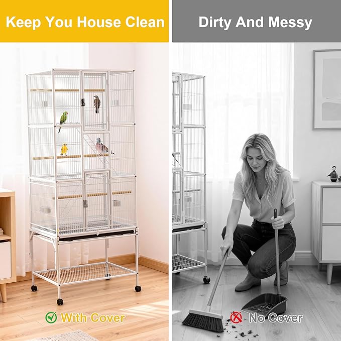 69 inches Bird Cage with Dust Cover, Birdcages with Rolling Wheels | Large Bird Cages for Cockatiels Quaker Conure Parakeet Lovebird Finch Canary Small Medium Parrot Cage Birdcage,White - Image 3
