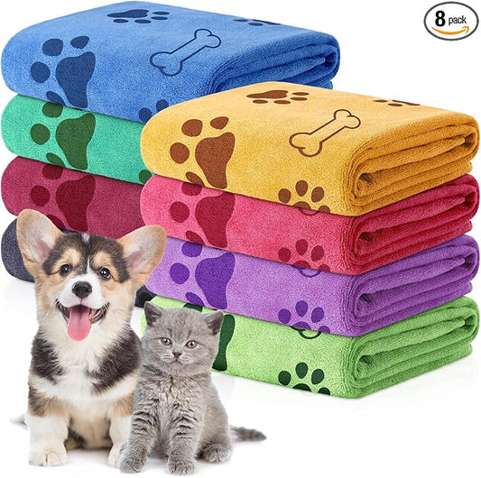 Chumia 8 Pcs Microfiber Dog Towels for Drying Dogs Cats 18 x 28 Inch Pet Towels Bulk for Medium Puppy Absorbent Fast Drying Paw Bath Bathing Supplies for Pets(Dog Paw and Bone,Colorful) by Chumia