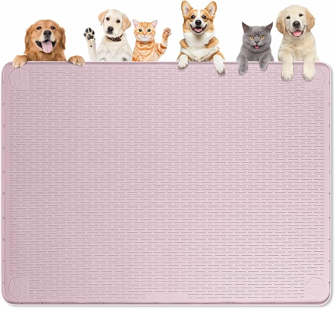 Dog Food Mat 50''x35'' Extra Large Dog Mat for Food and Water, Pink | Silicone Dog Bowl Mat with Raised Edge, Waterproof Non-Slip Pet Feeding Mat for Floors, fit for Dog Cat Bowls by Bartuke