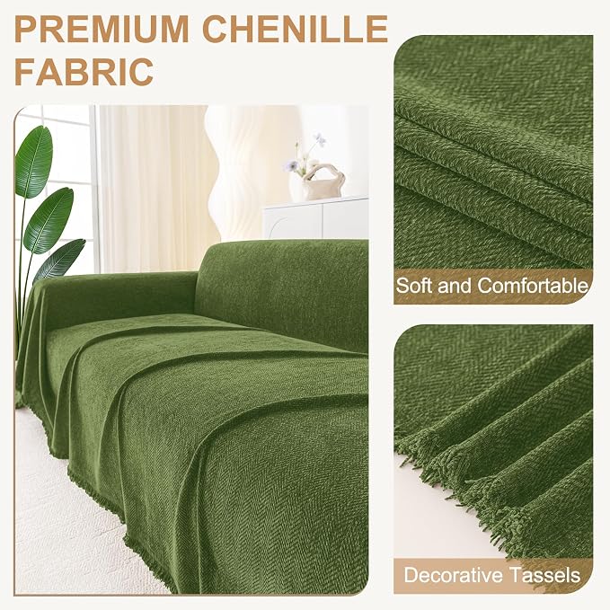 Smiry Couch Cover for Dogs, Chenille Sofa Covers for 3 Cushion Couch | Washable Soft Sofa Slipcover for Pets, Thick Sectional Furniture Protector with Tassels (Green, 88.5x150 Inch) - Image 2