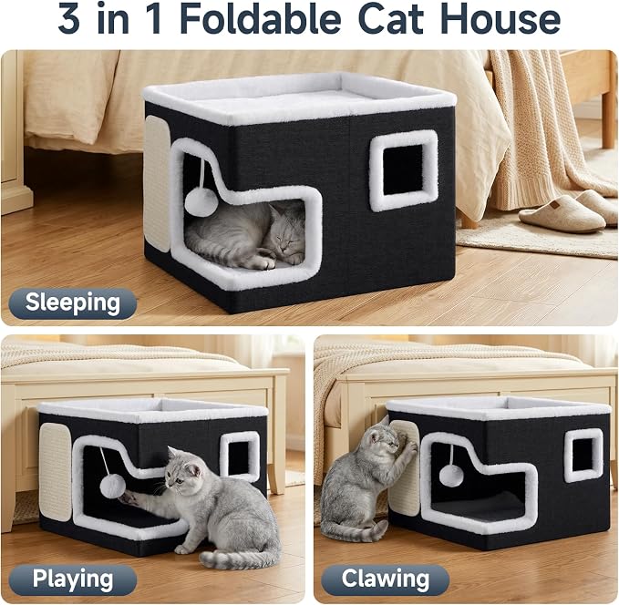 Cat Beds for Indoor Cats, Large Cat Cave with Cozy Hideout, Scratch Pad, Fluffy Ball, Foldable Cat Hideaway Hold Up to 30LBS, Indoor Cat House with Reversible Soft Cushions for All Seasons, Black - Image 5