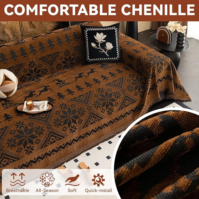 VClife Boho Couch Cover for Christmas 1 Piece Soft Warm Couch Cover for Sectional Sofa, Washable Pumpkin and Black Jacquard Loveseat Sofa Covers for Home Office RV 71"x118" - Image 3