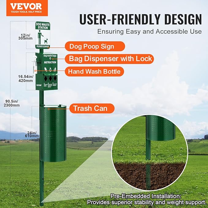 VEVOR Dog Waste Station, 11.5 Gallon Pet Waste Station with Hand Wash Bottle, Lockable Bag Dispenser, 50 Can Liners & 600 Waste Bags, Outdoor Pet Poop Station for Commercial Use, Parks, Backyard - Image 2
