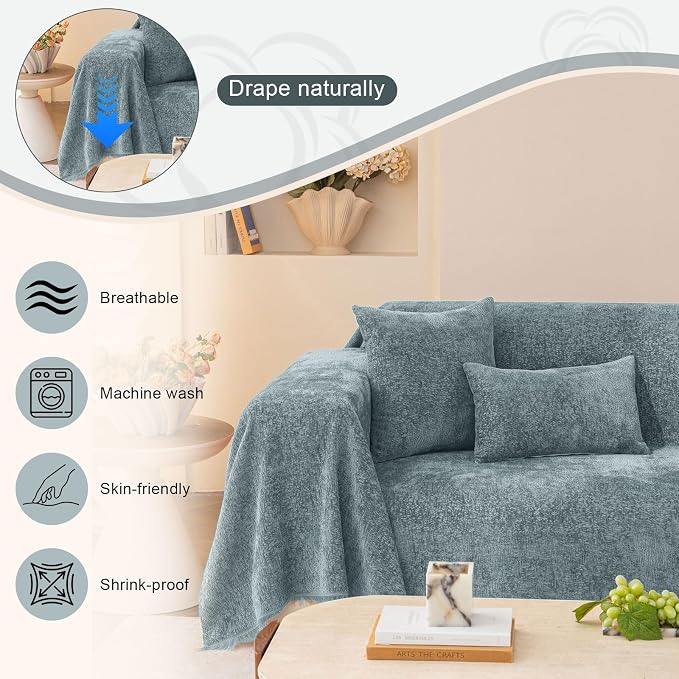 ROOMLIFE Couch Cover Boho Sofa Covers for 3 Cushion Couch Washable Blue | Furniture Protector Sofa Couch Cover for Dogs, Soft Breathable Sofa Slipcover, Couch Throw Blankets with Tassels 71''X134'' - Image 2