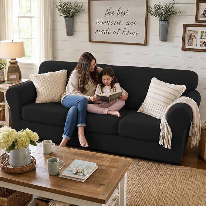 XINEAGE 2026 New 3 Pieces Couch Covers for 2 Extra Large Cushion Sofa Super Stretch Sofa Cover for 2 Large Seat Cushion Universal Loveseat Slip Cover for Living Room (Black), 71"-91"(2 Cushions) - Image 3