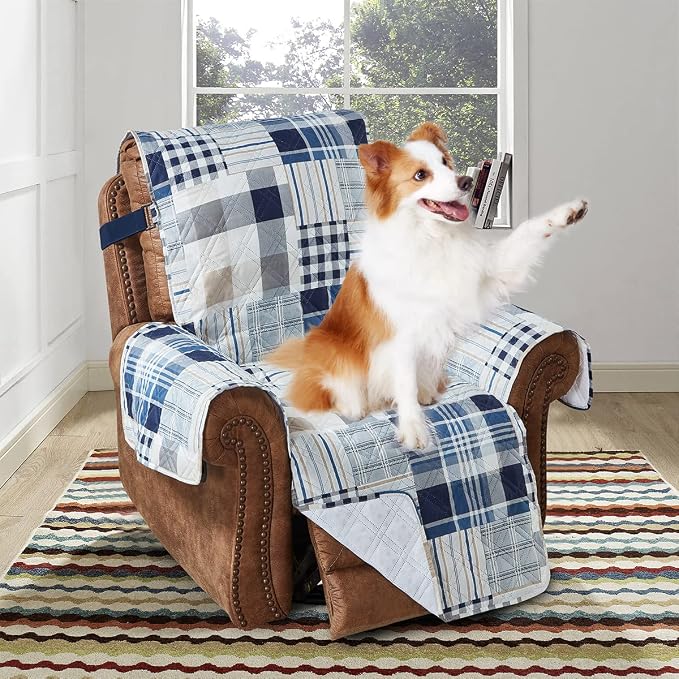 Brilliant Sunshine Blue Plaids & Stripes Couch Recliner Cover, 26" seat | Patchwork Design, Non Slip Sofa Cover, Quilted Furniture Protector, Washable Reclining Chair Slipcover for Pets, Dogs by BrilliantSunshine
