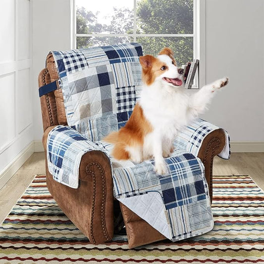 Brilliant Sunshine Blue Plaids & Stripes Couch Recliner Cover, 26" seat | Patchwork Design, Non Slip Sofa Cover, Quilted Furniture Protector, Washable Reclining Chair Slipcover for Pets, Dogs by BrilliantSunshine