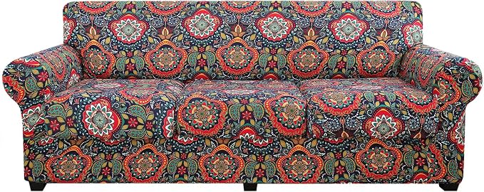 hyha Stretch Couch Covers, Sofa Cover for 3 Cushion Couch Pet Friendly | Floral Pattern, Printed, 4 Pieces, 3 Separate Cushion Sofa, Durable Anti-slip Washable Protector with Elastic Bottom for Dogs by hyha