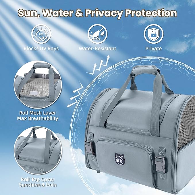 Lollimeow Expandable Cat Carrier Backpack for Large Cats - Airline Approved Pet Carrier Backpack for Small Dogs, Hiking & Travel, Waterproof with Breathable Mesh, 22lbs Capacity (Light Grey, Large)