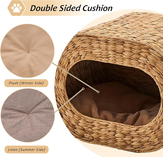 Cat House,Handwoven Cat Cave Pet Cube, Natural Cat Beds Indoor Kitten House with Double-Sided Soft Cushions, Pet Cat House for Multiple Cats, for Living Room Bedroom - Image 5