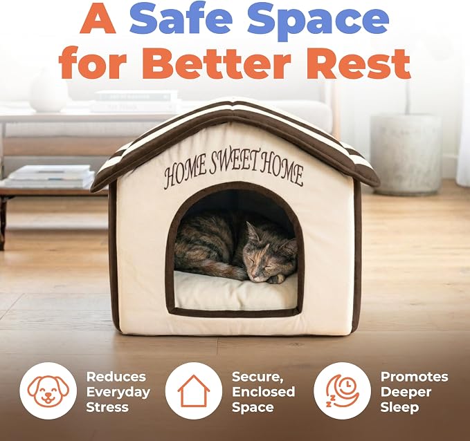 Best Pet Supplies Cat Bed for Indoor Cat, Domed Tent House with Removable Pillow, Covered Cat Cave for Small Dog, Puppies and All Breeds of Cats - Beige w/ Brown Stripes, 16 x 16 x H:14" - Image 2