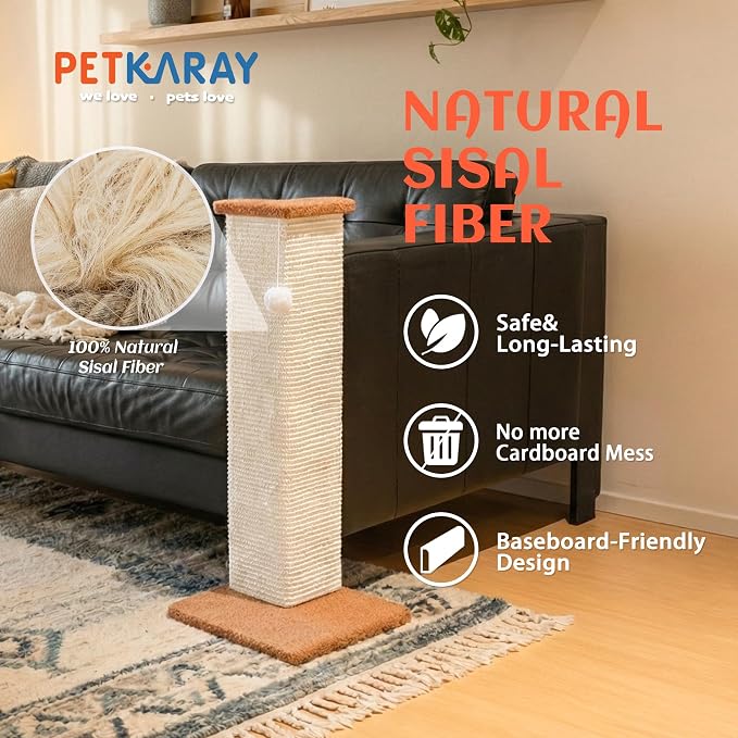 PETKARAY Couch Corner Cat Scratcher, 28.5" Sisal Scratching Post for Cats | Corner Wall Scratch Pad for Furniture Protection, Large Vertical Cat Scratching Post with Plush Base - Image 3