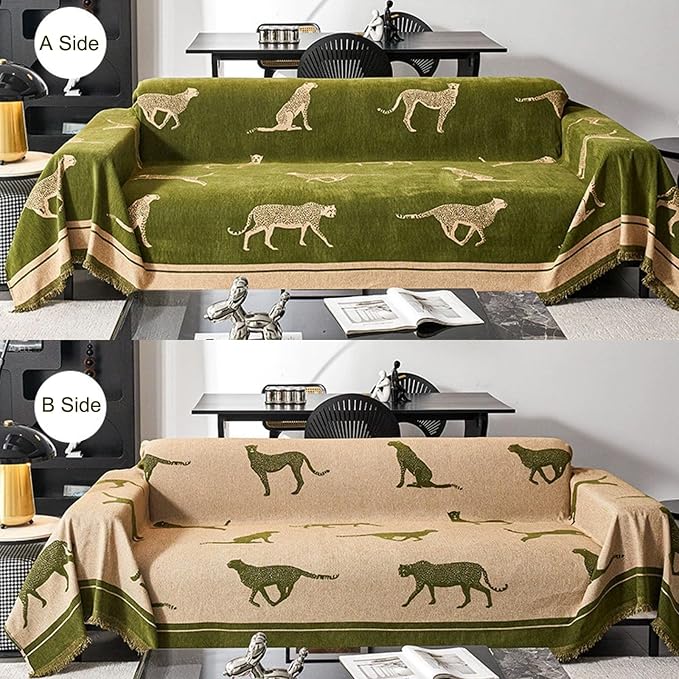 Chenille Sofa Cover with Tassels, Non-Slip Couch Cover for 3/4 Seat Sofas, Washable Furniture Protector for Pets & Kids, Modern Leopard Pattern Chenille Blanket - Image 7