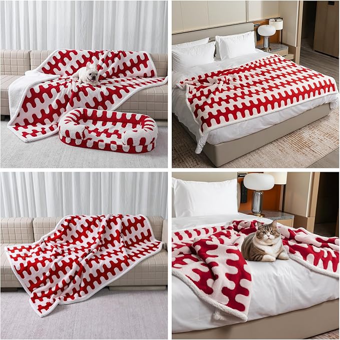 Waterproof Pet Blanket,Red Dog Blankets for Bed Covers Couch Sofa Stylish Jacquard Pets Throw Blankets for Puppy Cats Washable Reversible Furniture Protection Covers (Red Wave,L) by Unknown