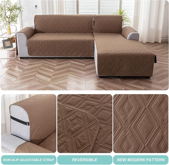 Genina Waterproof L Chaise Sectional Cover for Kids Pets (Brown, Sofa Large) - Image 5
