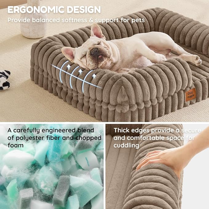 ChiXnuggle Faux Fur Orthopedic Dog Bolster Bed, Waterproof Washable Cover | rectangular dog sofa couch,egg crate foam,non-slip bottom,for small medium dogs,taupe,30*24*7,puppy bed - Image 2