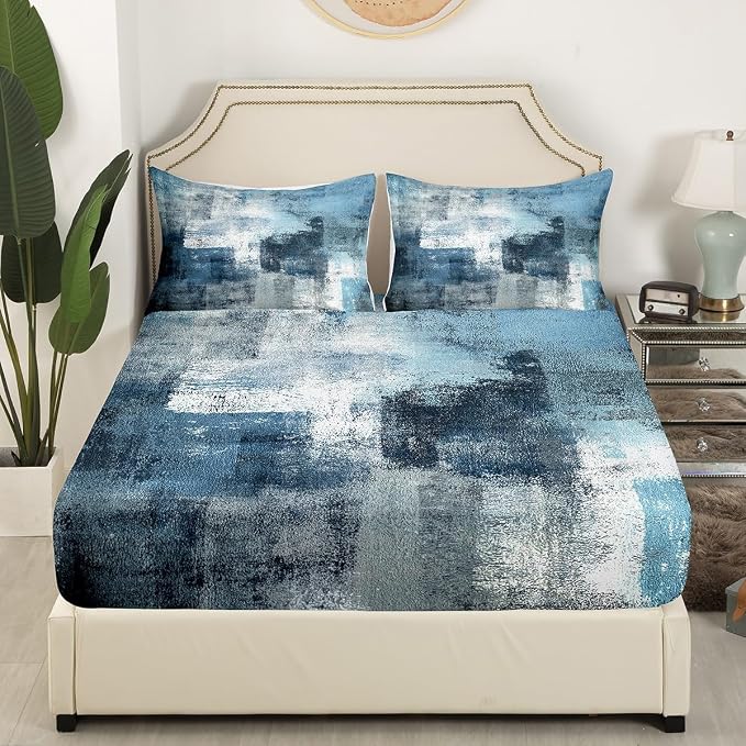 Navy Blue Sheet Set Twin,White and Grey Ombre Bed Sheets for Kids Boys Girls Adult,Grunge Watercolor Bedding Set Bedroom Decor,Vintage Contemporary Artwork Fitted Sheet + Top Sheet + 1 Pillowcase - Image 3
