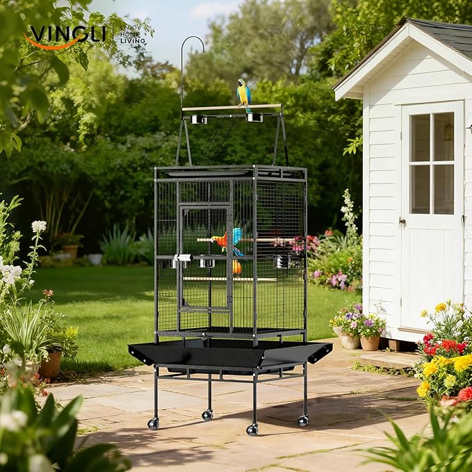 VINGLI 83 Inch Bird Cage with Play Top, Large Wrought Iron Bird Cage with Wheels, Rolling Parakeet Cage with Removable Tray for Cockatiels Lovebird Finches Canaries - Image 2