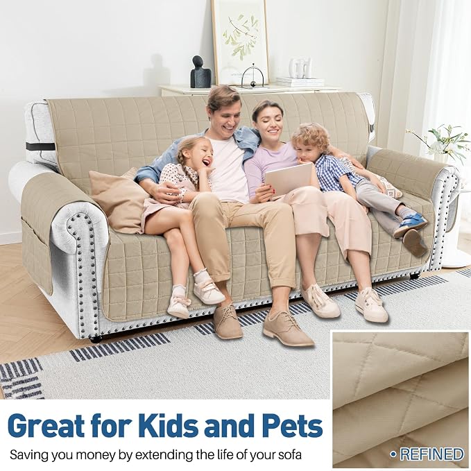 MAXIJIN Waterproof Oversized Couch Covers for 3 Cushion Couch, 79" Quilted Sofa Covers Washable Pet Dog Couch Cover Protector with Elastic Strap & Side Pocket (Large Sofa, Khaki) - Image 4