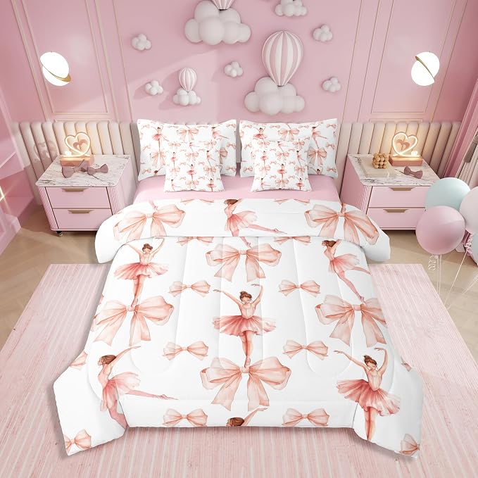 Erosebridal 7 Piece Girly Bowknot Kids Comforter Set Twin Bed in a Bag,Dreamy Princess Style Bedding Set for Kids Teens Adult,Ballet Girls Dancing Quilt,Elegant Watercolor Bow Tie Dancer Sheet Set by Erosebridal