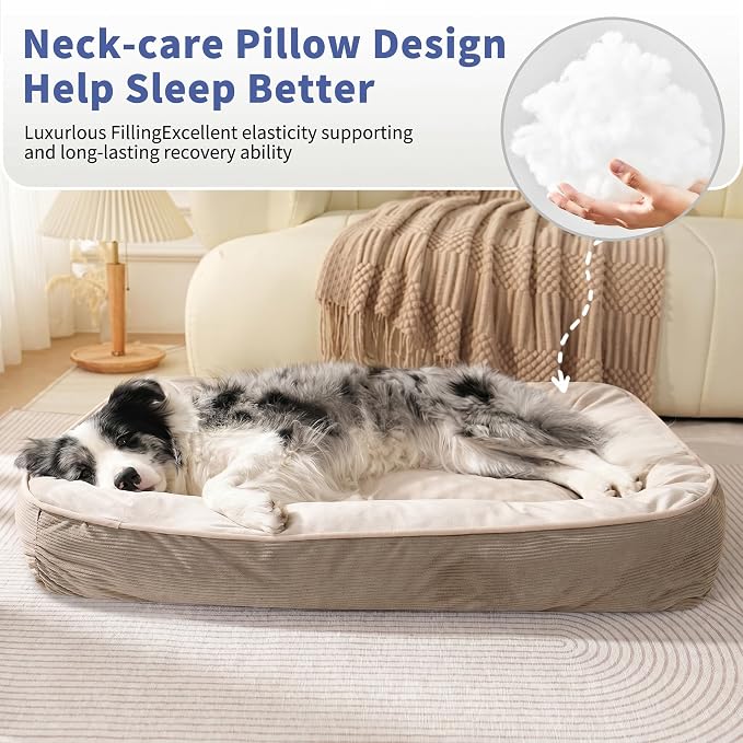 FAIRYPET Deluxe Plush Dog Beds for Medium to Large Dogs, 3D Crimped Siliconized Hollow Fiber Fill，Soft Breathable，Washable Dog Bed, Plush Faux Fur & Corduroy,Durable Pet Bed with Anti-Slip Bottom - Image 3