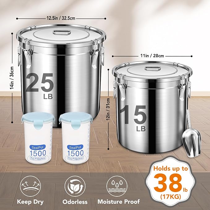 Newget Dog Food Storage Containers, Large Stainless Steel Pet Food Storage Containers 38 lb / 17 kg to Keep Fresh, Metal Airtight Cat Food Containers With Scoop and 2 Small Containers - Image 2