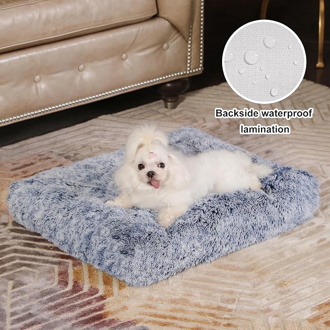 Bedfolks Waterproof Crate Bed, Plush Dog & Cat Bed with Removable Washable Cover, Faux Fur Kennel Pad, 23"x18", Dark Blue - Image 2