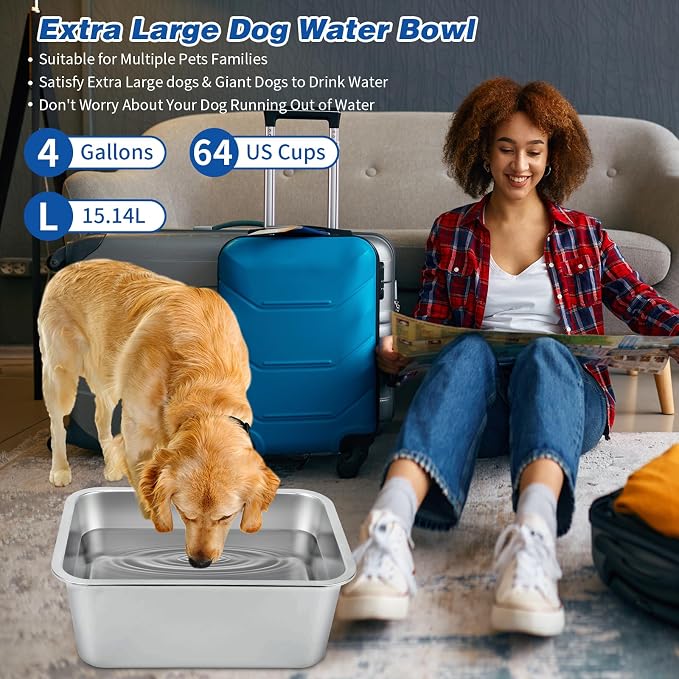 BWOGUE 4 Gallons Extra Large Dog Water Bowl for Large Dogs, Stainless Steel | Stainless Steel Dog Bowl, 1 Pack Large Water Bowl for Dogs, Wide Deep Bowl, Rectangular Shape, Easy to Clean, Outdoor Use - Image 2