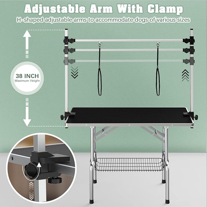 Lyromix 46'' Stainless Steel Pet Dog Grooming Table, Arm/Noose/Tray, Black | Foldable Dog Grooming Table for Dogs at Home, Adjustable Height Arm, Non-Slip Waterproof Tabletop, Capacity 330Lb - Image 4