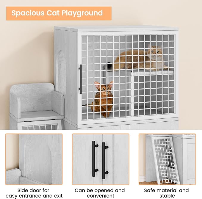 IDEALHOUSE Modern Cat Litter Box Enclosure with Platform, Double Layer Hidden Litter Box, Indoor Washroom, Villa Cat House with Ladder, 33.5" l x 17.9" w x 41.9" h,White - Image 4