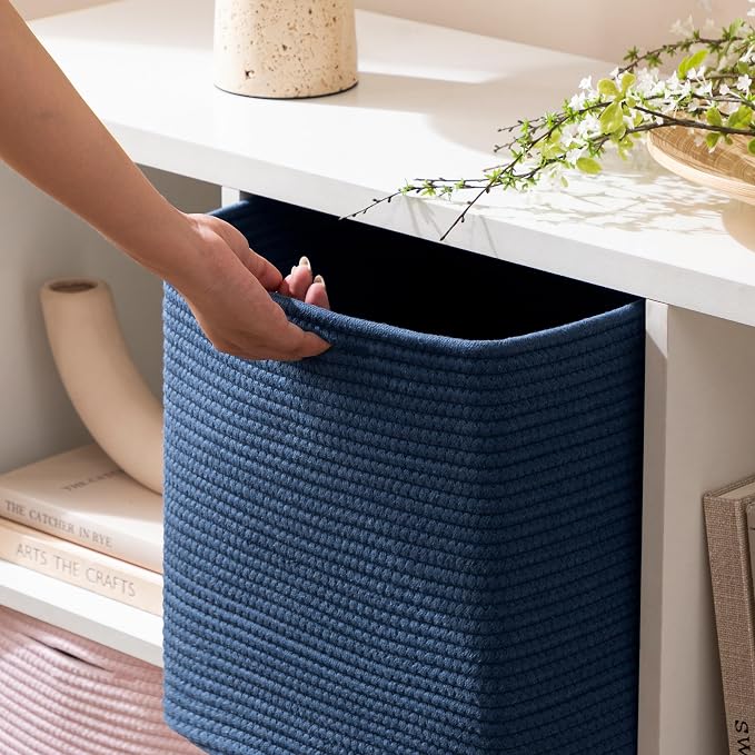 joybest 13inch Cube Storage Bins, Cotton Rope Woven Organizer Basket | Set of 4 Cube Bin Square Shelves Organizer Closet Storage, Nursery, Toy Organization, Navy Blue - Image 2