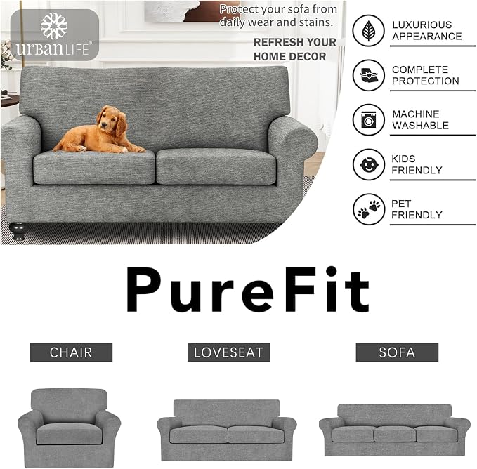 URBANLIFE 3-Piece Stretch Sofa Covers for 2 Cushion Couch, Light Gray | Super fitted spandex slipcovers for couches. Non-slip elastic bottom. Machine washable furniture protector for kids & pets. - Image 7