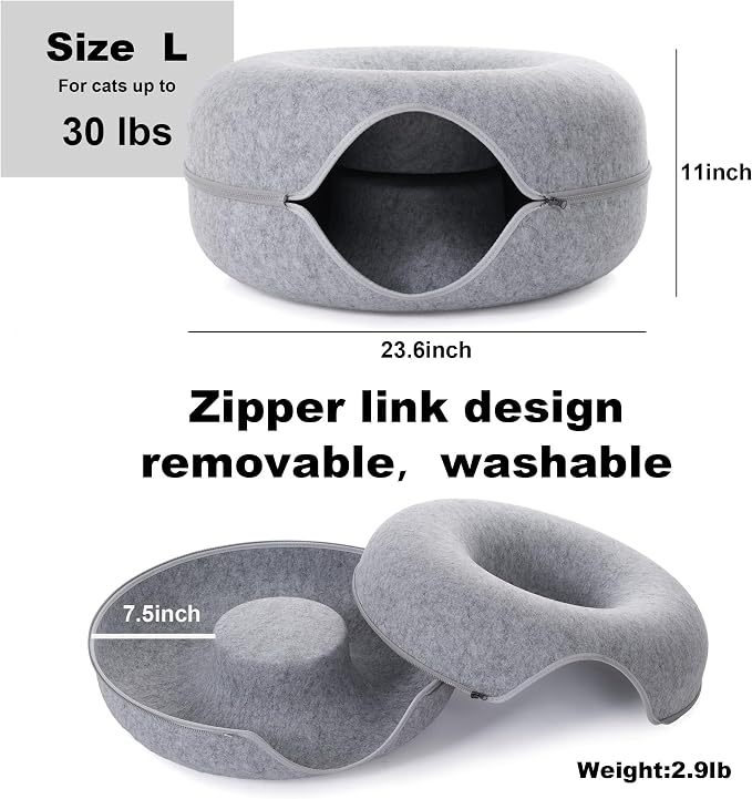 Large Cat Tunnel Bed for Indoor Cats with 3 Toys, Scratch Resistant Donut Cat Bed, Up to 30 Lbs (L 24x24x11, Light Grey) - Image 4