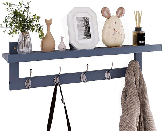 SMIBUY Coat Hooks with Shelf Wall-Mounted, 29.2 Inch Entryway Coat Rack for Wall, Bamboo Hanging Shelf with 5 Double Metal Hooks for Bathroom, Bedroom, Kitchen, Living Room, Mudroom (Grey) by SMIBUY