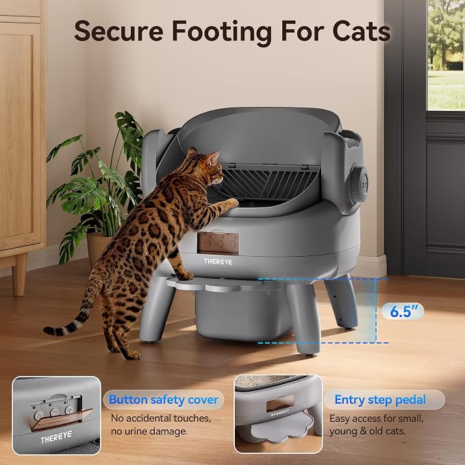 Thereye Automatic Litter Box with Entry Step, Open-Top Self Cleaning Litter Box, App Control & Safety Protections, 10L Waste Bin with Odor Control Smart Cat Litter Box with Trash Bags/Litter Mat - Image 3